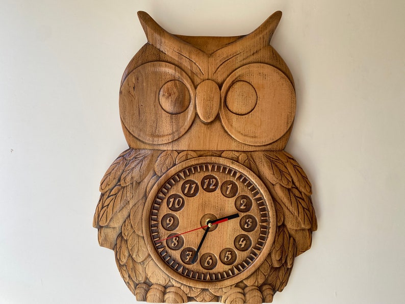 Owl Wooden wall clock Kids clock Relief carved clock Wall clock Large Clock Unique Contemporary clock image 5