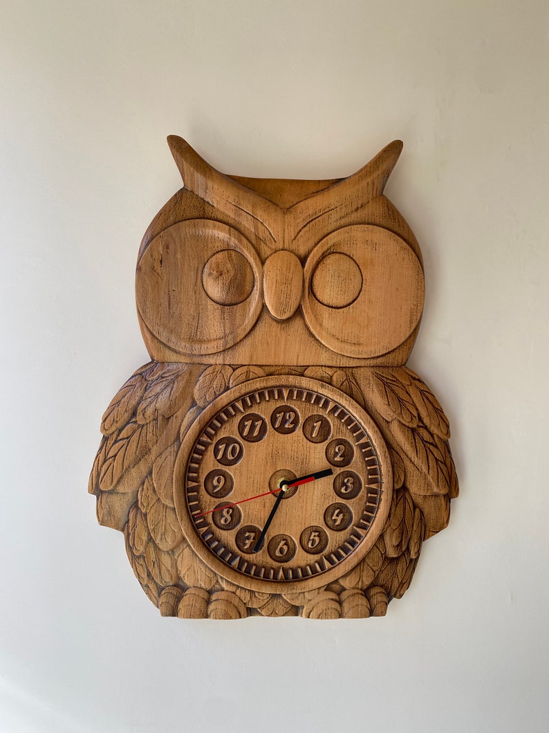 Owl Wooden wall clock Kids clock Relief carved clock Wall clock Large Clock Unique Contemporary clock image 3