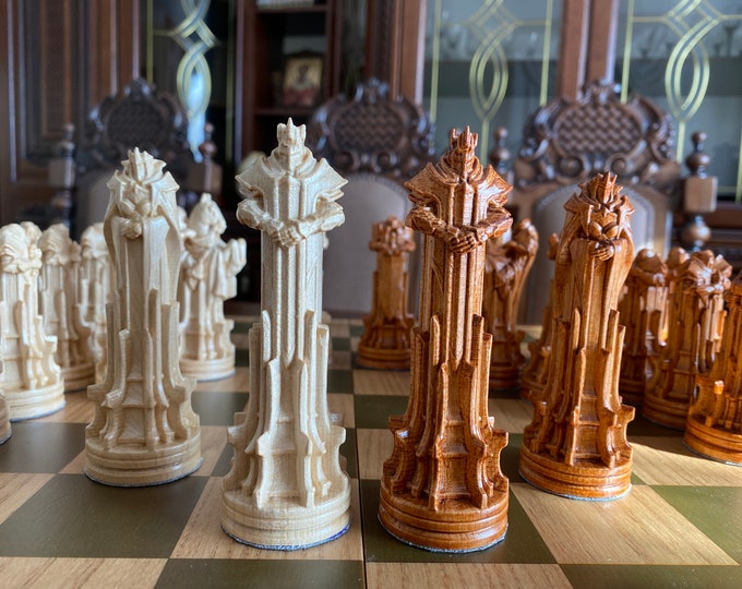 Wooden chess pieces “Palladin”, Original chess pieces, Wood carving chess pieces, Carved chess pieces set, Chess set with storage