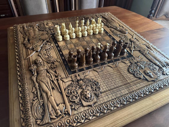 Large Walnut Wooden Chess Board: Medieval Style, Luxury Decor (64x64cm)