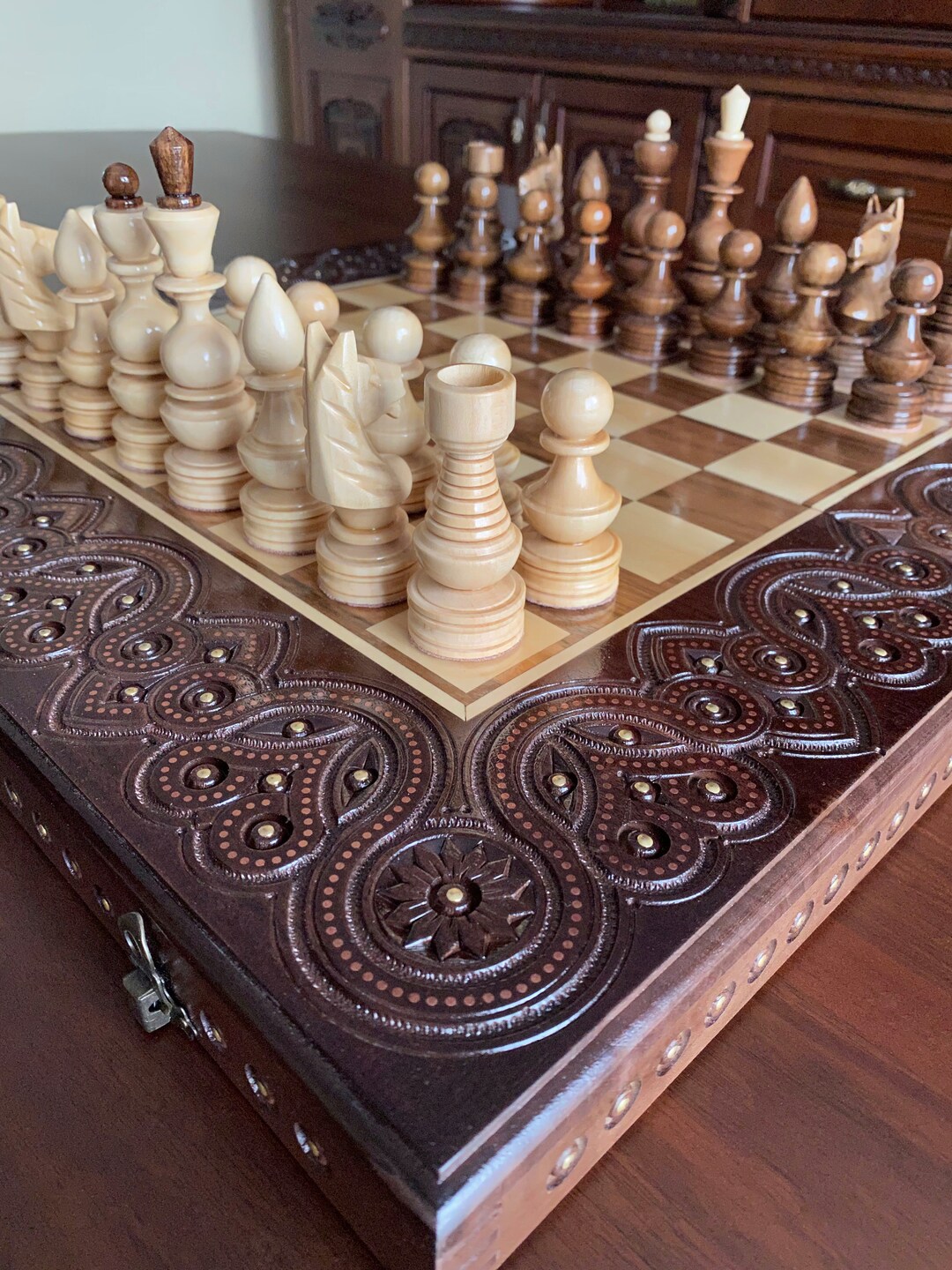 Luxury Hand Carved Chess Set 3 in 1 Large Chess Set Wood Etsy