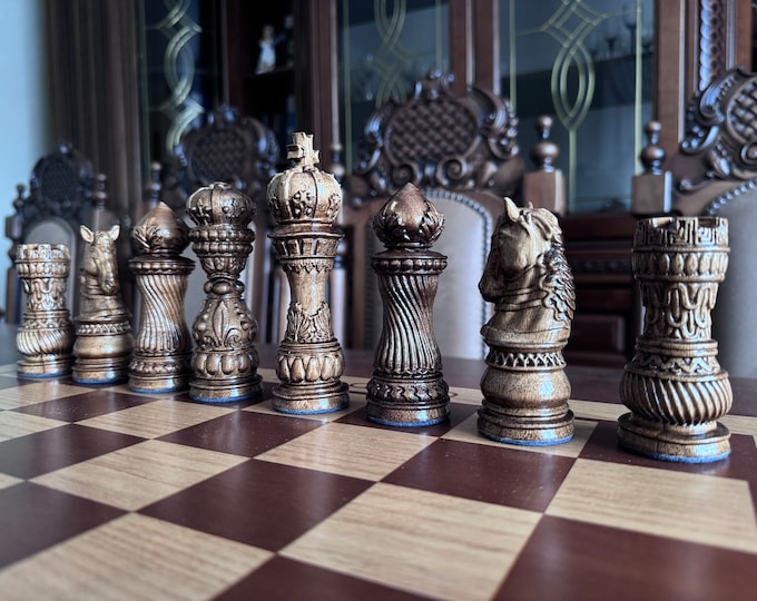 Walnoot houten schaakstukken, Originele schaakstukken, Houtsnijwerk schaakstukken, Gesneden schaakstukken set, Schaakset met opslag