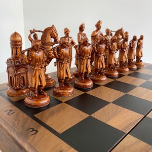 Wooden chess pieces in Ukrainian style, Zaporozhian Cossacks, Original chess pieces, Wood carving chess pieces, Carved chess pieces set