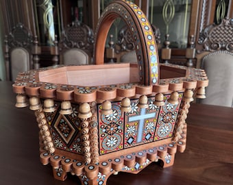 Easter basket, Wooden Ukrainian Easter Basket Walnut, Inlay with cooper beads, Ostern decor, Easter gift, Easter decorations, Pascha basket