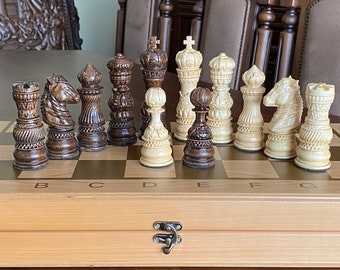 高級木製チェス駒「リリー」、オリジナルチェス駒、木彫りチェス