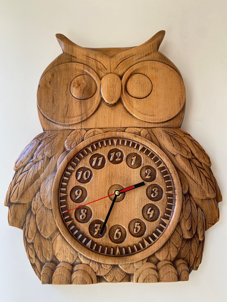 Owl Wooden wall clock Kids clock Relief carved clock Wall clock Large Clock Unique Contemporary clock image 4