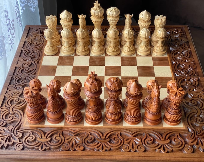 Wooden chess pieces “Lily”, Original chess pieces, Wood carving chess pieces, Carved chess pieces set, Chess set with storage