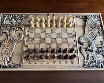 Luxury chess set “Eagle”, Wooden Chess Board with Chess Pieces, Original chess board, Wood carving chess, Carved chess set, Unique chess