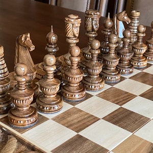 Carved wooden chess pieces set, Wooden chess set, Wooden chess set handmade, Chess set with storage, Exclusive chess sets