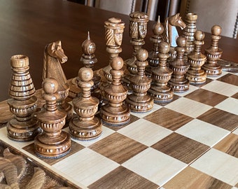 Carved wooden chess pieces set, Wooden chess set, Wooden chess set handmade, Chess set with storage, Exclusive chess sets