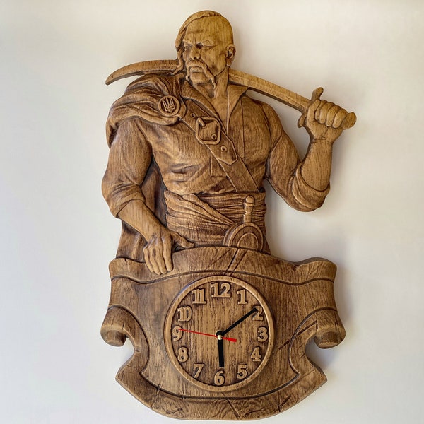 Wall clock Cossack Zaporozhian Cossack, Wood carved clock, Wall decor, Wood decor, Housewarming gift, Gift for him, Christmas gift