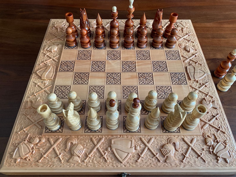 Large Wooden Chess Set: Carved Medieval Board, Backgammon Checkers - Etsy