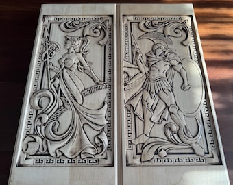 Handgemaakt houten backgammon "Athena & Ares" | Griekse mythologie-spelset | Gesneden notenhouten bord 55 x 25 cm | Cadeau voor hem, vader, echtgenoot