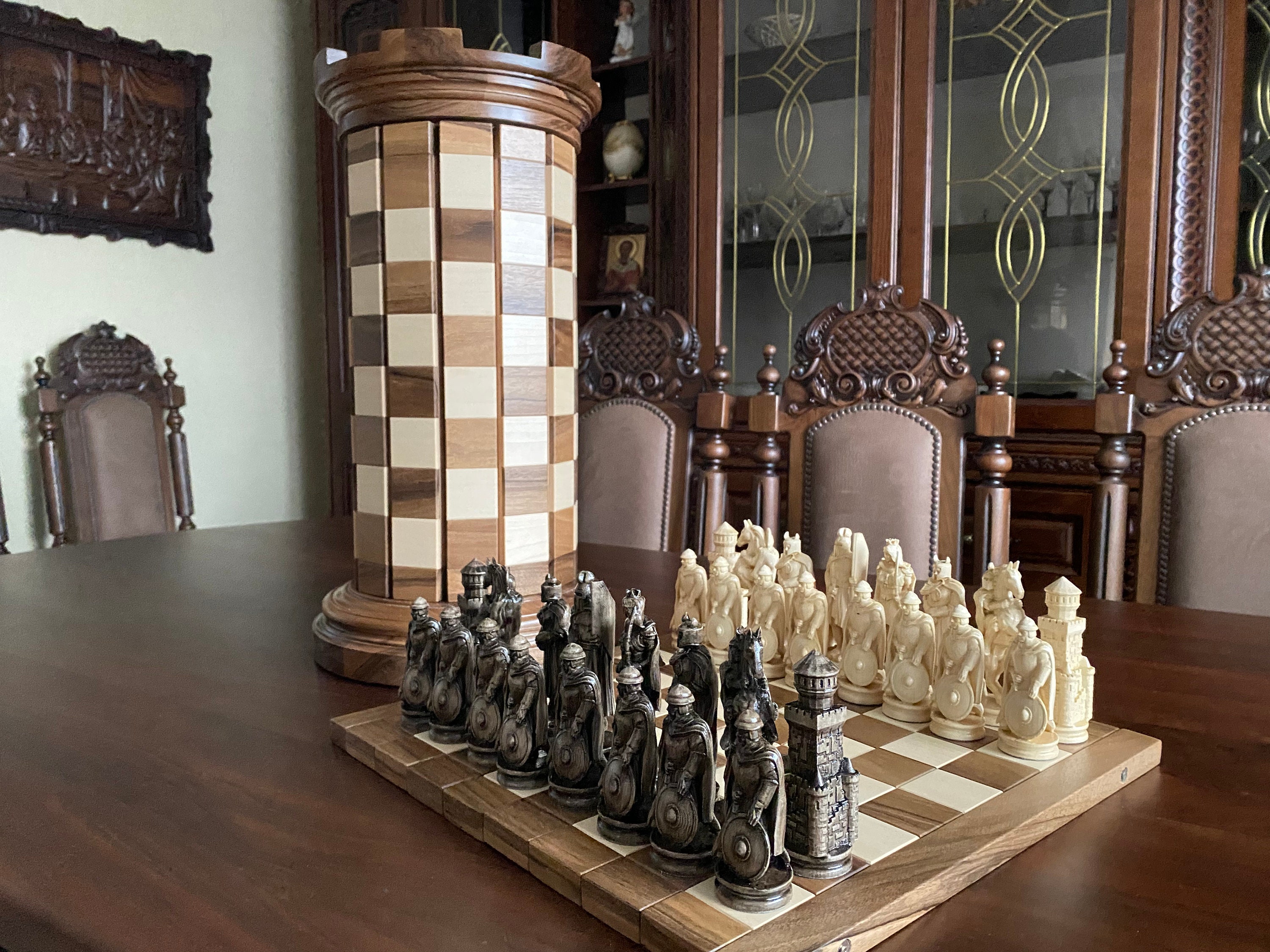 medieval chess pieces fighting with swords, hd, art