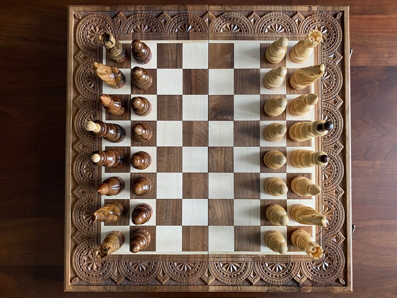 Large Chess Set Hand Carved Wooden Chess Large Chess Set Wood Etsy