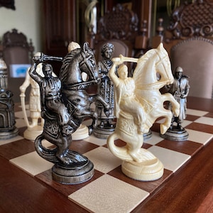 Wooden chess pieces in Ukrainian style, Zaporozhian Cossacks, Original chess pieces, Wood carving chess pieces, Carved chess pieces set