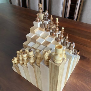 3D Wooden Chess Set: Handmade Carpathian Wood, Large Chessboard