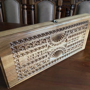 Carved Walnut Backgammon Set, Large Folding Board, Anniversary Gift