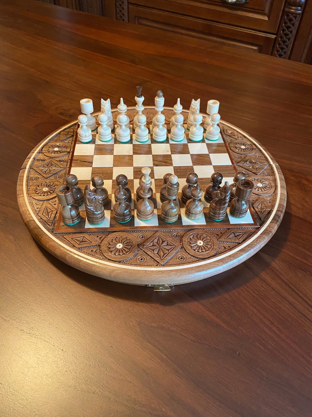 Round Chess Set Wooden Chess Game Handmade Chess Board Handcrafted ...