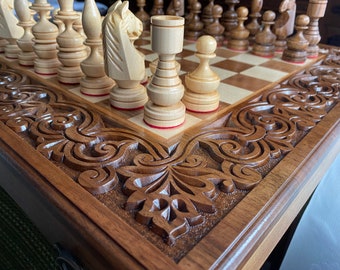 Large chess set Wooden Chess Backgammon Checkers Large chess set wood Carved backgammon set Сhess board handcrafted Wooden chess board