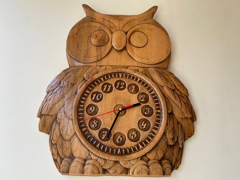 Owl Wooden wall clock Kids clock Relief carved clock Wall clock Large Clock Unique Contemporary clock image 8