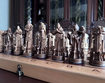 Walnut “Palladin”, Original chess pieces, Wood carving chess pieces, Carved chess pieces set, Chess set with storage