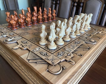 古代エジプトのチェスセット：エジプトの神の駒が入った大きな木製