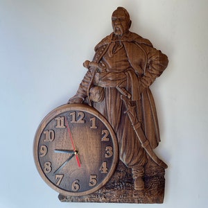 Wooden clock Zaporozhian Cossack Wood carved clock Wall decor Rustic clock Gift to the boss Housewarming gift Wooden gift
