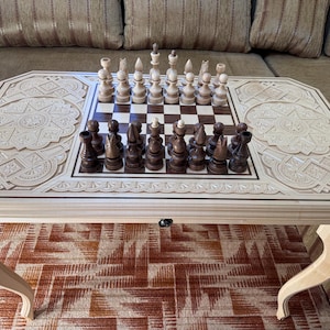Large Wooden Hand carved chess table, 38.6”x22.1”x25.8” Chess table with storage, Wooden chess board set, Big chess table, Christmas gift