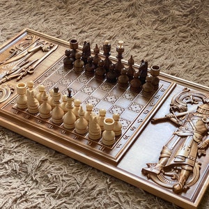 Chess set “Knights”, Wooden Chess Board with Chess Pieces, Original chess board, Wood carving chess, Carved chess set, Unique chess