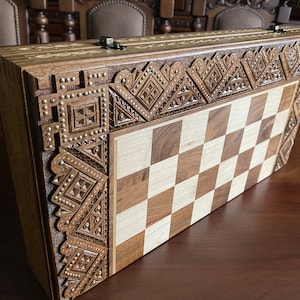 Hand carved wooden chess set, Wooden chess set with backgammon inside, Wooden chess set handmade, Exclusive chess set, Chess Lovers Gift