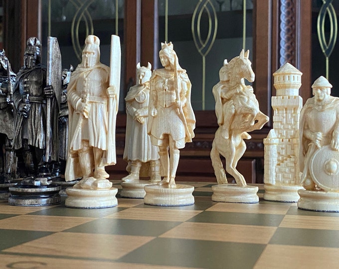 Medieval Carved Wooden Chess Pieces: Original Chess Set with Storage