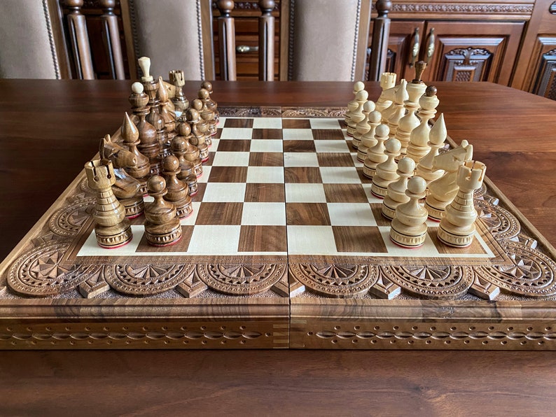 Large Chess Set Hand Carved Wooden Chess Large Chess Set Wood Etsy