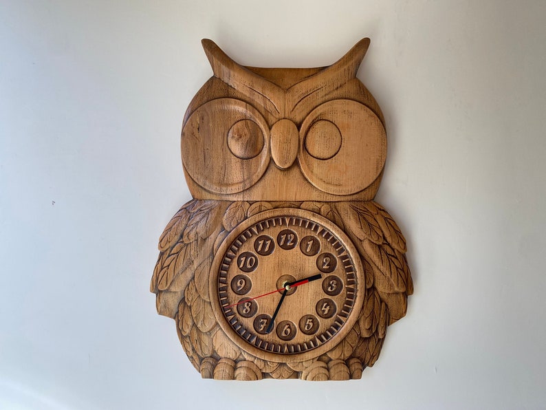 Owl Wooden wall clock Kids clock Relief carved clock Wall clock Large Clock Unique Contemporary clock image 1