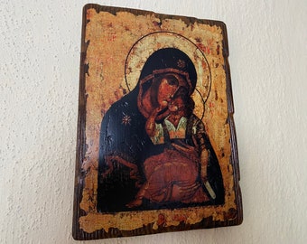 Virgin Mary with Jesus, Wooden Icons, Orthodox Greek Byzantine Icons, Religious gift