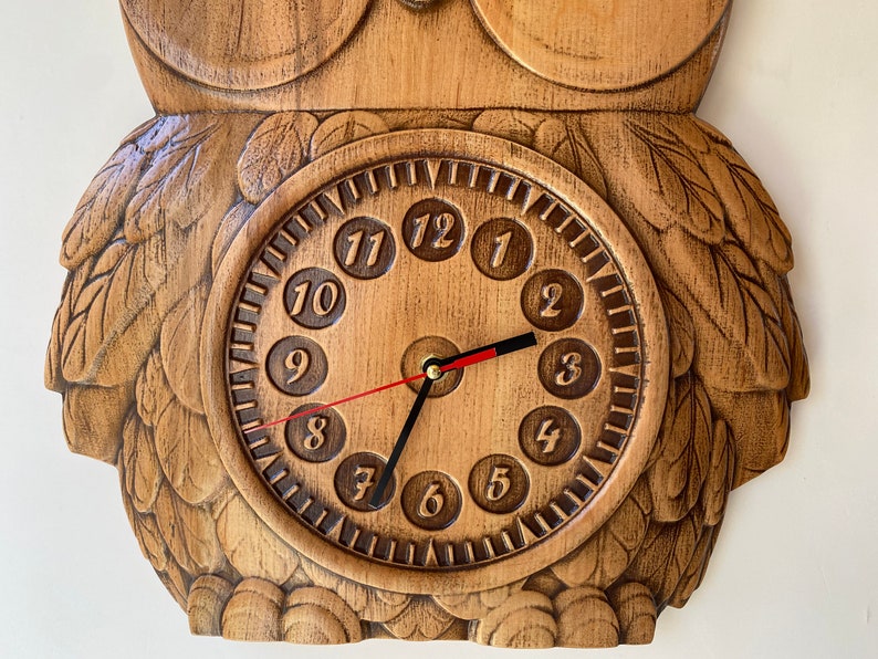 Owl Wooden wall clock Kids clock Relief carved clock Wall clock Large Clock Unique Contemporary clock image 2