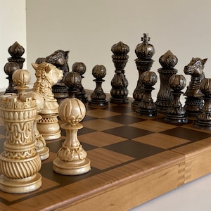 Wooden chess pieces “Black lily”, Original chess pieces, Wood carving chess pieces, Carved chess pieces set, Chess set with storage