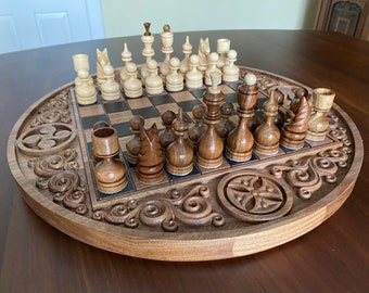 Round chess set Wooden chess game Original wooden chess board Chess set with board Chess board