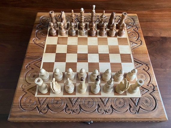 LARGE CHESS AND CHECKERS WOOD SET WITH DRAWER