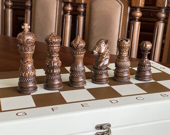 高級木製チェス駒「リリー」、オリジナルチェス駒、木彫りチェス