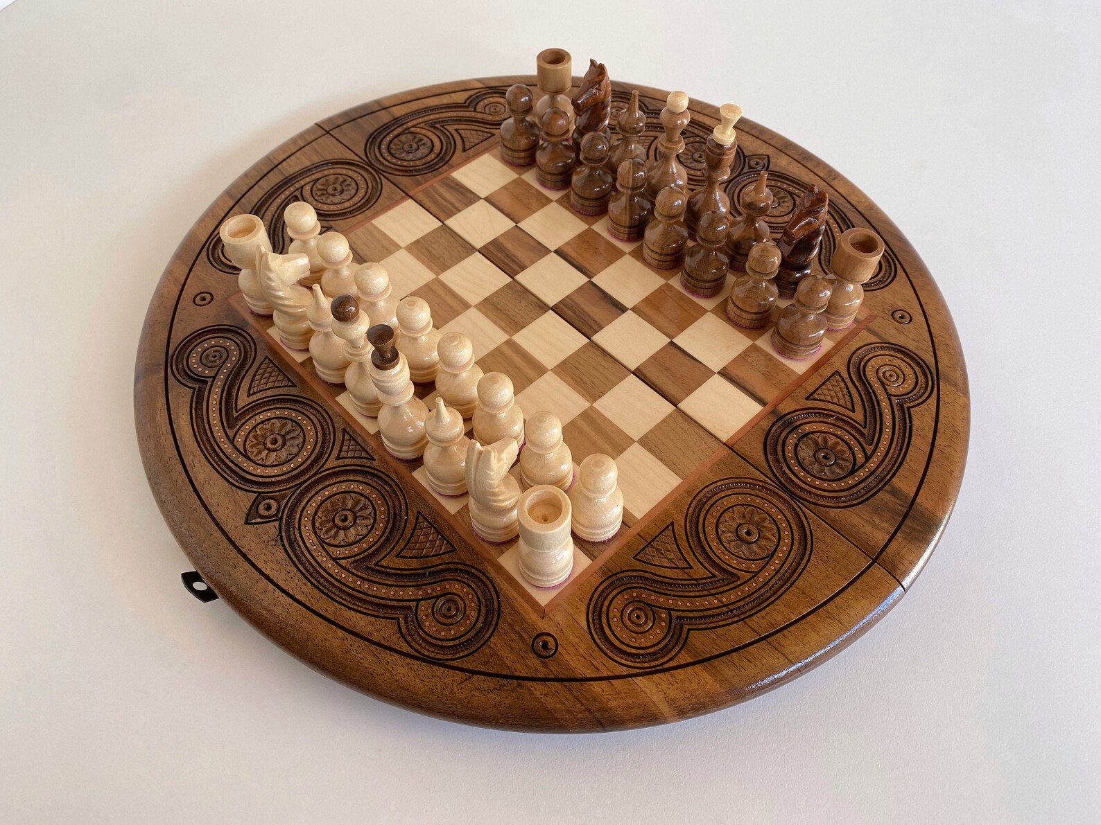 Round Chess Set Wooden Chess Game Handmade Chess Board | Etsy