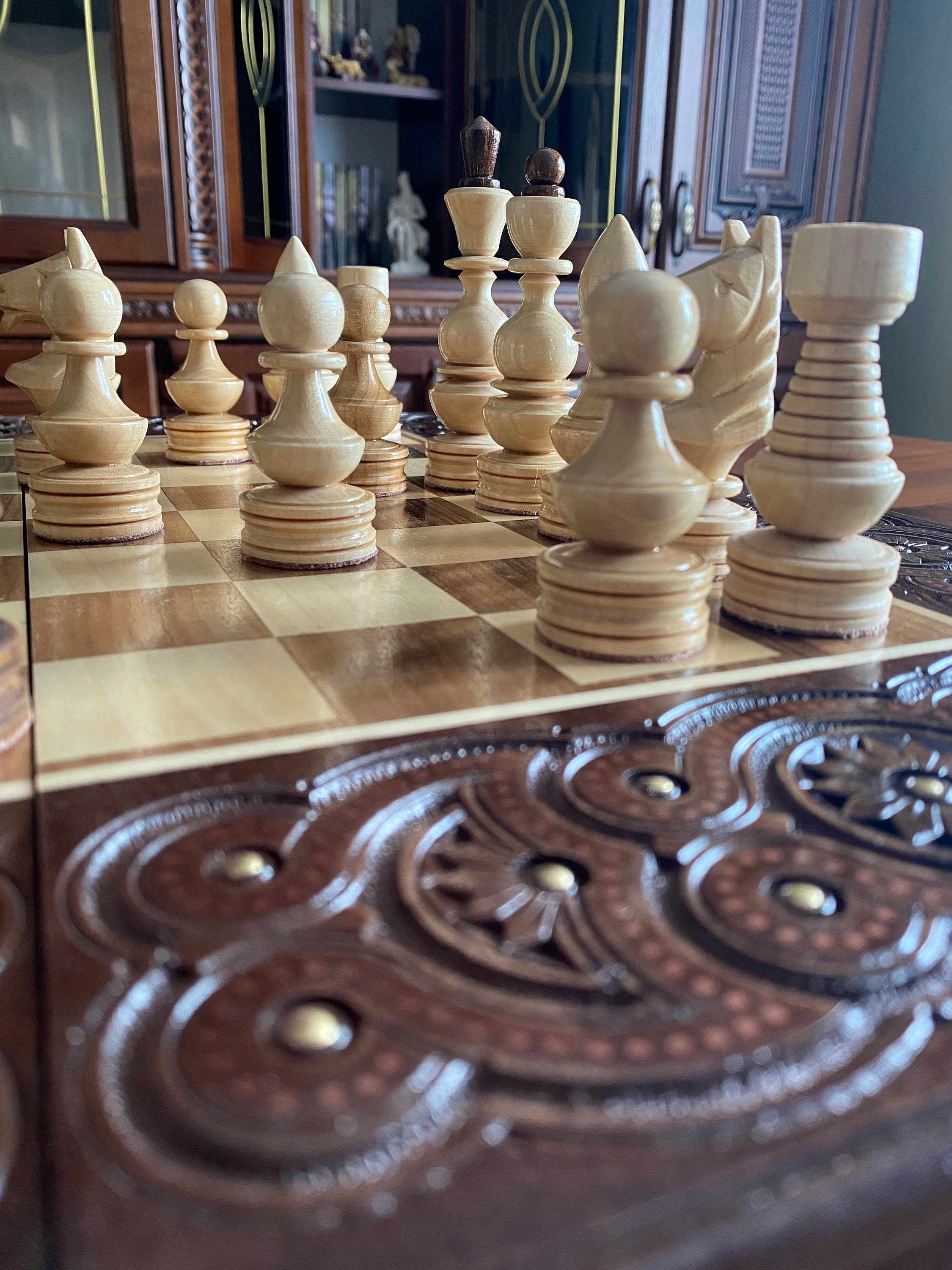 Hand Carved Chess Set Chess Backgammon Large Chess Set Wood - Etsy