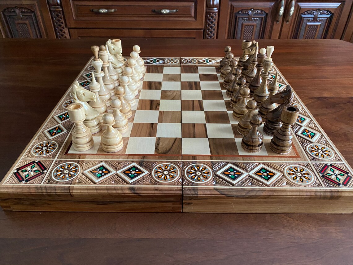 Wooden Hand Carved Chess Set Chess 3in 1 Large Chess Set Wood - Etsy