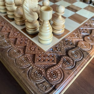 Carved wooden chess set, Wooden chess set, Wooden chess set handmade, Chess set with storage, Exclusive chess sets