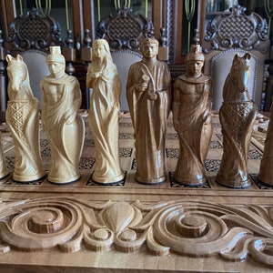 Antique chess pieces “Roman Gods”, Walnut chess board, Luxury chess, Exclusive chess pieces, Carved chess pieces set