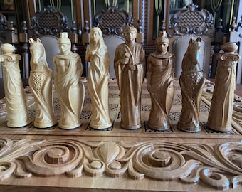 Antique chess pieces “Roman Gods”, Walnut chess board, Luxury chess, Exclusive chess pieces, Carved chess pieces set