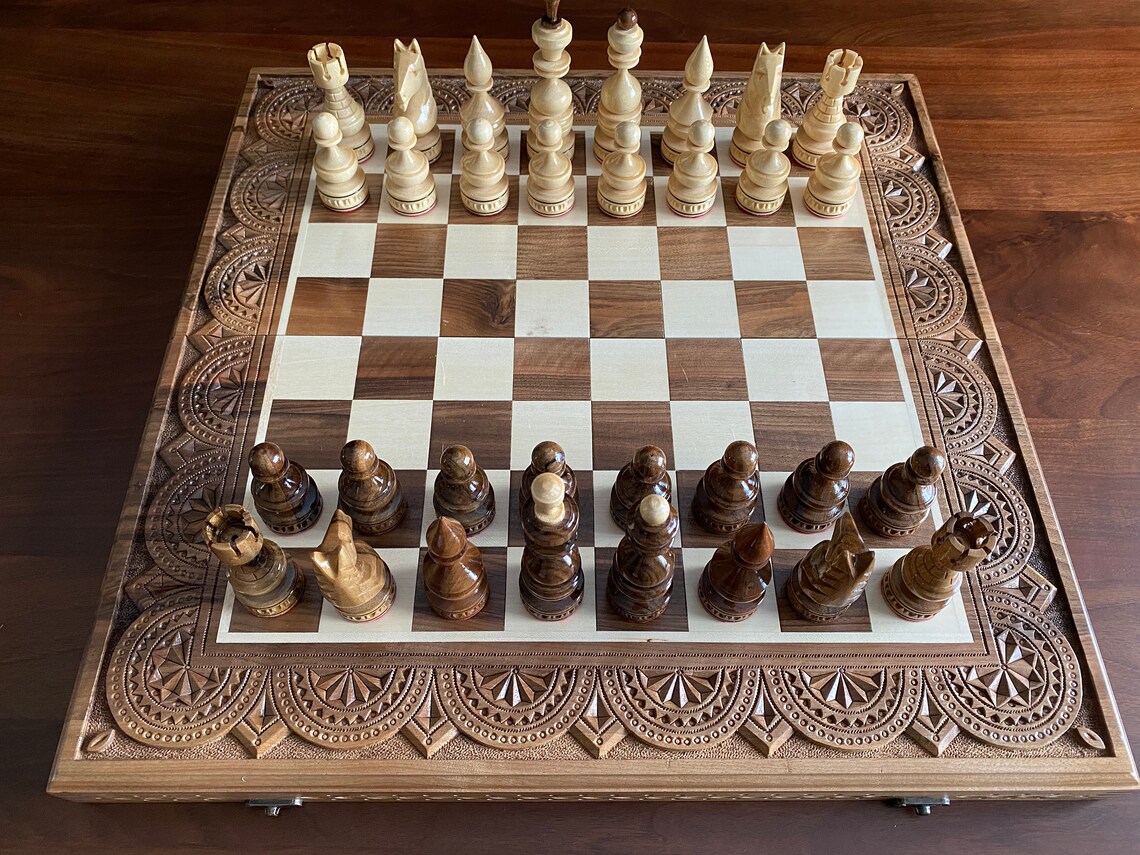 Large Chess Set Hand Carved Wooden Chess Large Chess Set Wood Etsy
