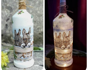 Large donkey light up bottle lamp, Donkey gift, Decoupaged bottle with lights, Mother's Day gift, Fathers Day gift, Birthday gift, Mum