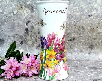 Pretty Spring flowers decorated glass vase, Tulip  fecoupaged glass vase, Personalised birthday gift, Mum vase, Grandma vase, Nana gift