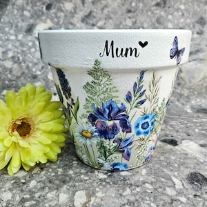 Mum plant pot, 17cm,Blue meadow flowers plant pot, Indoor or outdoor planter, Decoupaged terracotta plant pot, 9th wedding anniversary gift